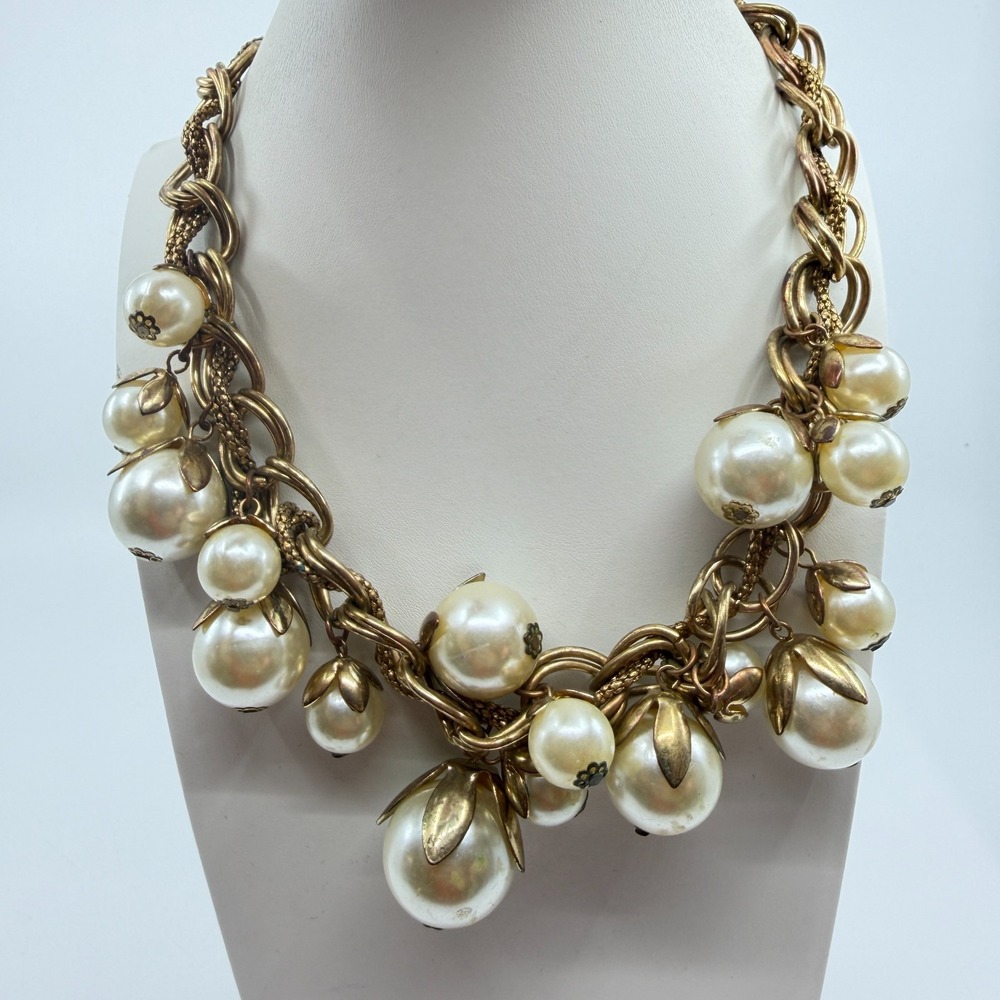 Gold Tone Faux Pearl Cluster Necklace - Boho Chunky Layering Statement - Picture 10 of 13